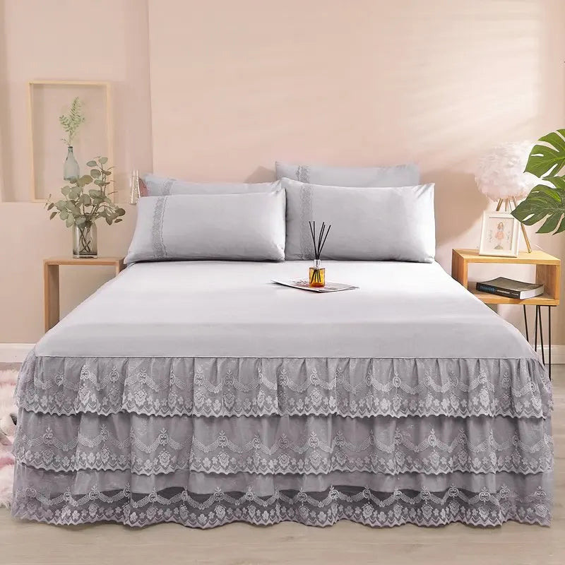 3 Pcs Layer Solid Color Lace Bed Skirt Set Simple Bean Paste Color Bedroom Dust Proof Bedspread Comfortable Bedding for Gifts