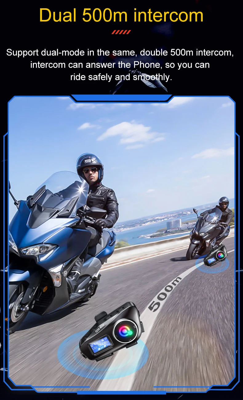 Q58 Max Motorcycle Helmet Bluetooth Intercom IP65 Waterproof Intercom Distance 500 Meters Multi-Scene Mixed Music Sharing