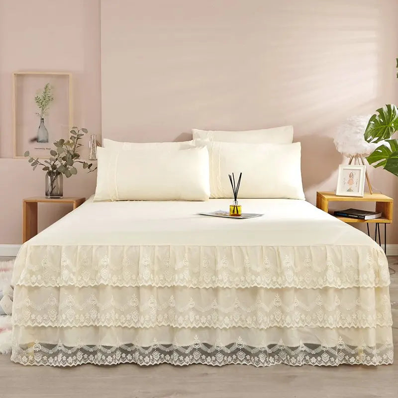 3 Pcs Layer Solid Color Lace Bed Skirt Set Simple Bean Paste Color Bedroom Dust Proof Bedspread Comfortable Bedding for Gifts