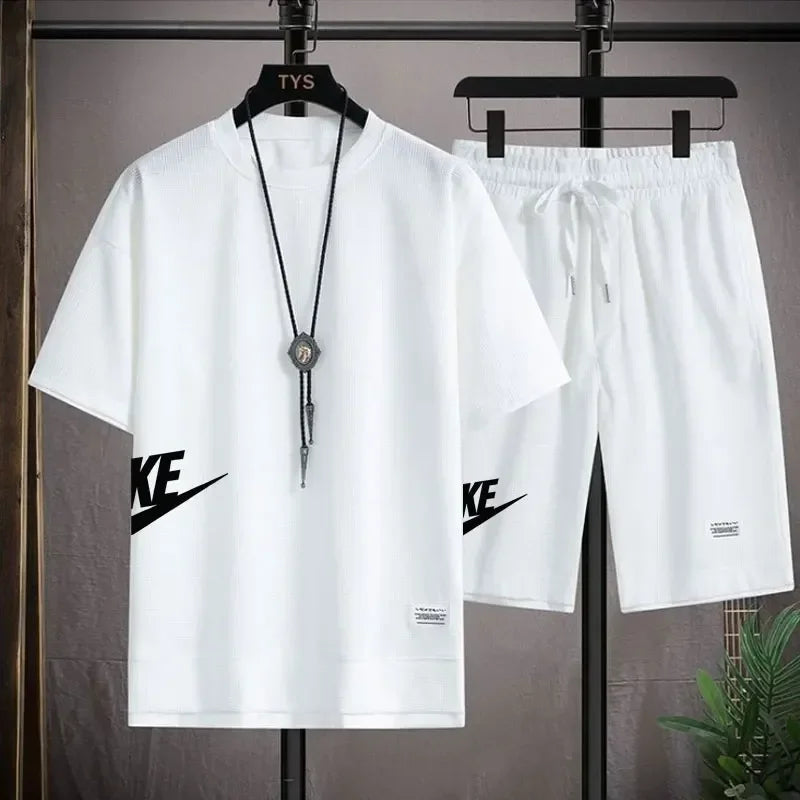 Summer 2024 Men's waffle Casual suit, T-shirt and shorts two-piece, men's loose solid color tracksuit, comfortable and breathabl