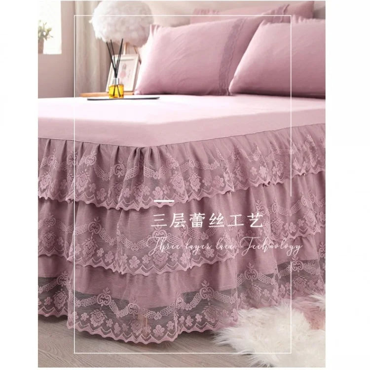 3 Pcs Layer Solid Color Lace Bed Skirt Set Simple Bean Paste Color Bedroom Dust Proof Bedspread Comfortable Bedding for Gifts