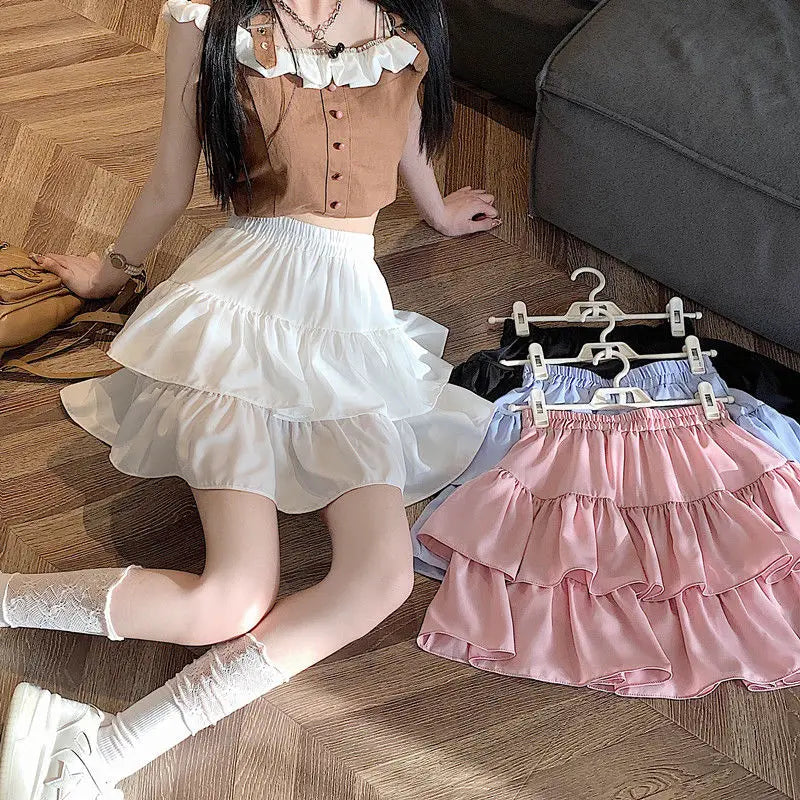 Ruffled Cake Skirts for Women High-waisted A-line Solid All-match Sweet Lovely Girls Korean Style Gentle Spring Kawaii Casual